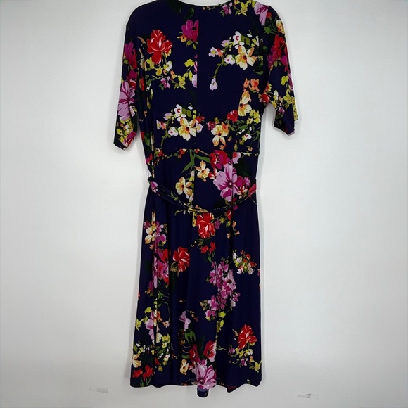 Roz & Ali Womens 1X Pullover Knit Dress Indigo Blue Multi Floral Elbow Sleeves - Picture 6 of 9